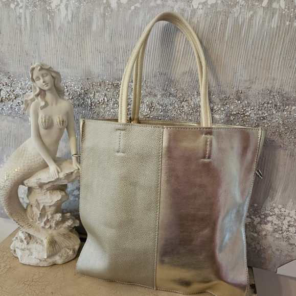 PERSAMON MADE IN ITALY MIXED MEDIA GOLD LEATHER TOTE - Picture 4 of 8